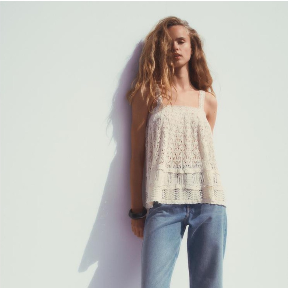 Zara NWT pointelle knit lace trim top beige 3969/002
